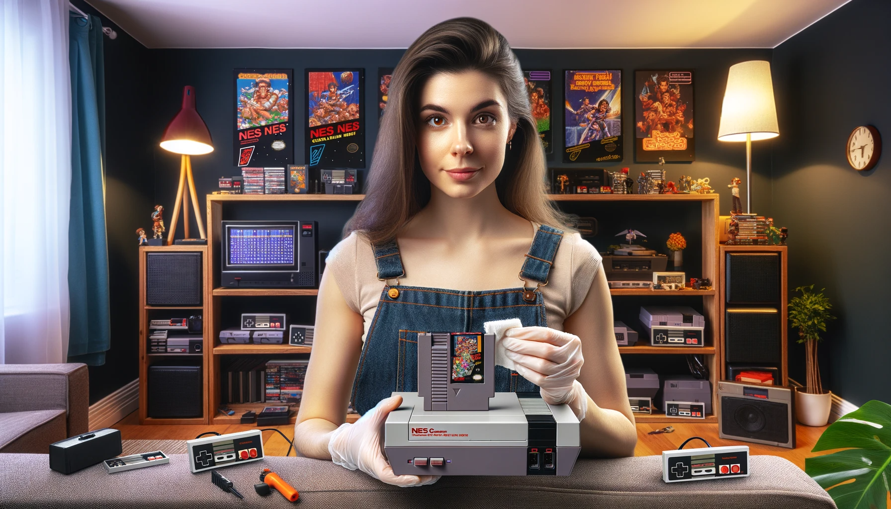 Girl cleaning a NES cartridge