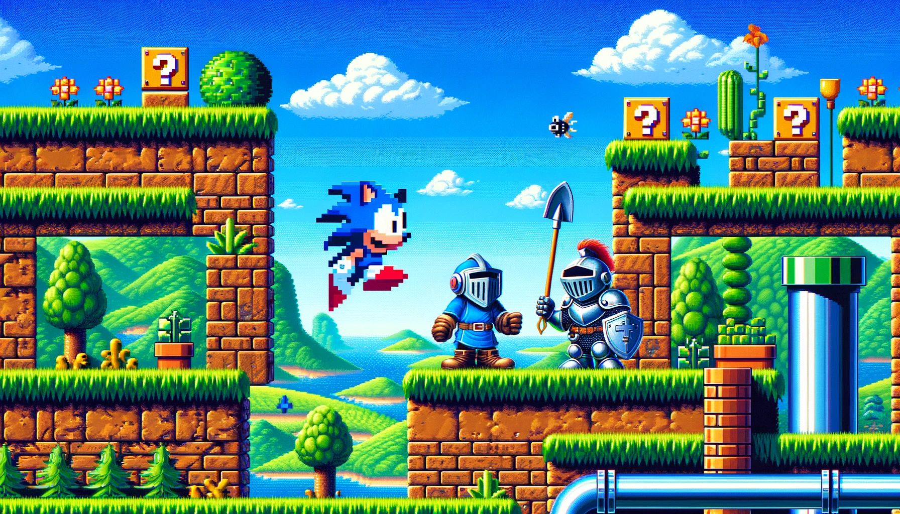 2D sidescrollers worlds collide - sonic in mario world with shovel knight.