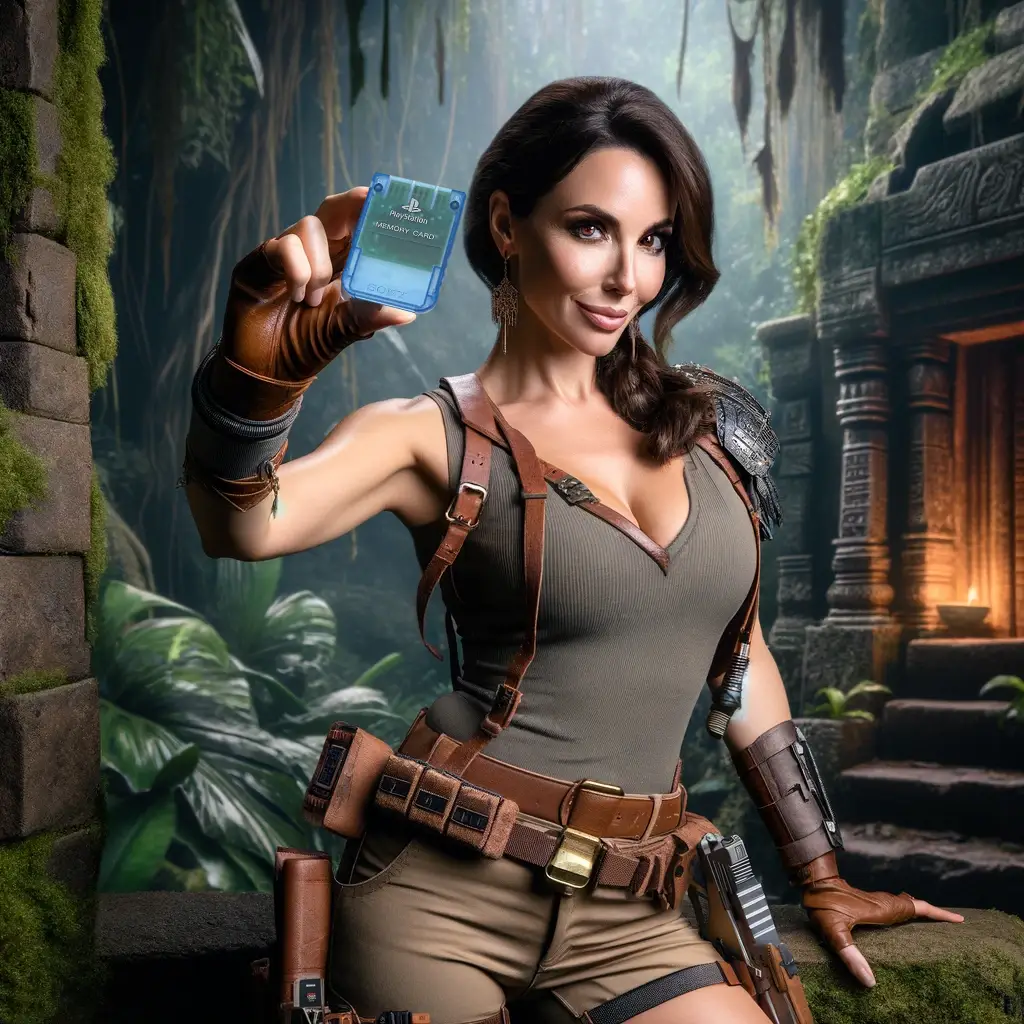 Lara croft holding a PS2 memory card